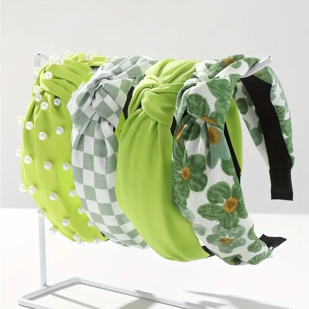 Green Decorative Floral Wide Brimmed Headbands ~ Bundle of 4